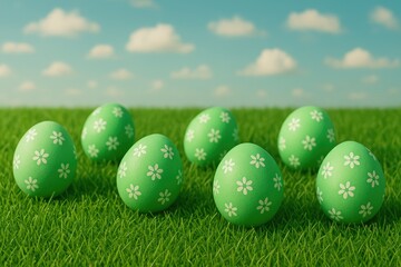 Fototapeta premium Emerald-colored Easter eggs resting on lush green grass