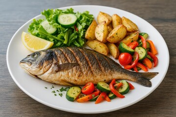 Delicious grilled seafood served with crispy roasted potatoes and fresh vegetables on a white dish