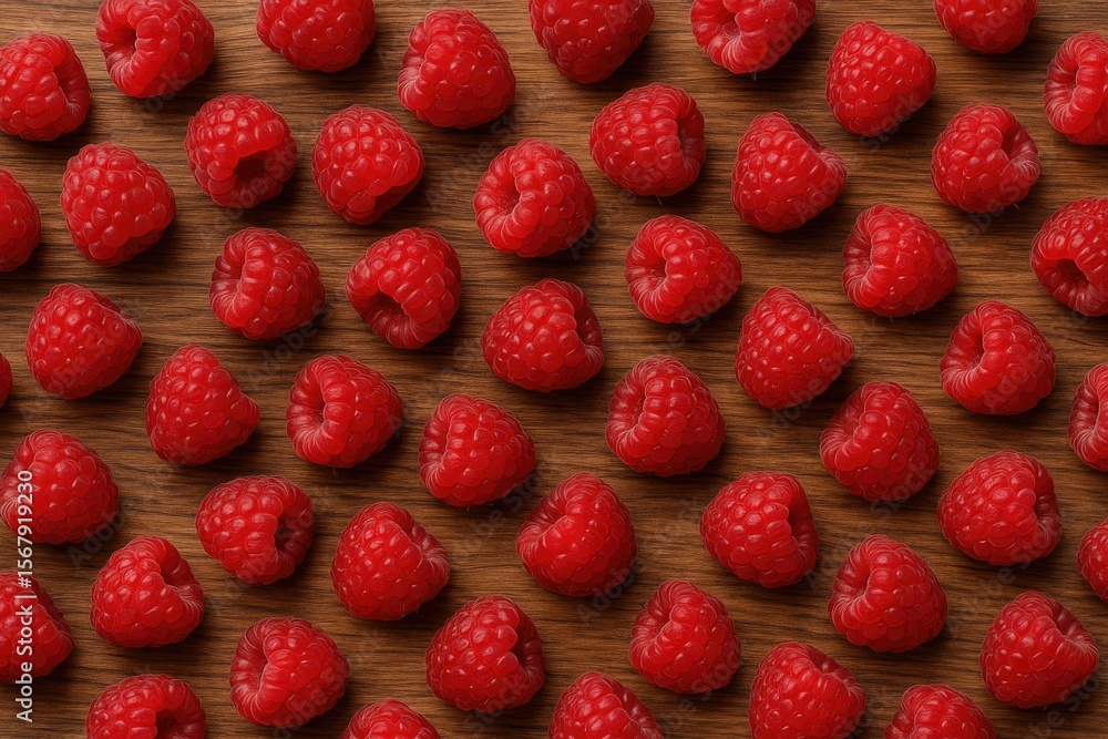 Aufkleber bright red raspberry arranged on rustic wooden surface in top-down view