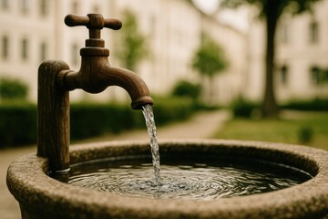 Urban fountain featuring water flowing from a rustic wooden tap
