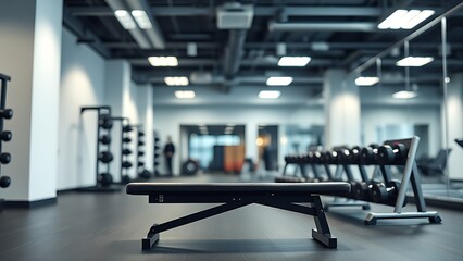 Fototapeta premium Minimalist gym setup featuring a weight bench and dumbbells, evoking a professional athletic environment.