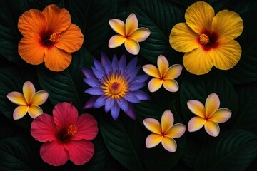 Vibrant floral display against a shadowy tropical leaf backdrop