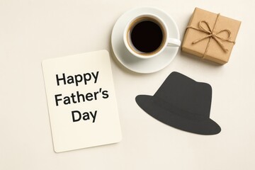 Celebratory Card Featuring a Happy Father's Day Message, Coffee, Gift Box, and Paper Hat on a Light Background, Flat Arrangement with Text Area