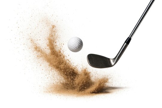 Golf ball bursts out of sand trap as golfer strikes it with a club amidst a sand explosion.