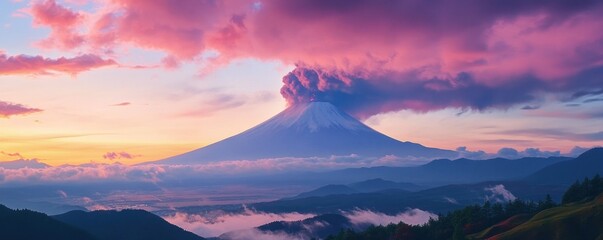 Magnificent mount fuji landscape at sunrise with dramatic pink clouds
