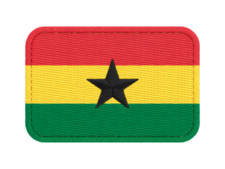 Ghana national flag displayed as an embroidered patch with vibrant red, gold, and green horizontal stripes, and a black star