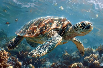 Obraz premium Hawksbill turtle swimming over coral reef