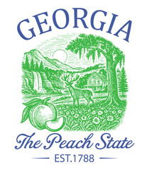 Georgia The Peach State - Us States T-shirt Vector, American State Cityscape Illustration, Vintage Retro State Cityscape Shirt, States Landmark sayings, USA City Skyline Clipart
