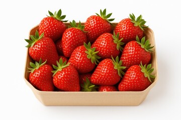 Juicy strawberries packed in a container on a white background