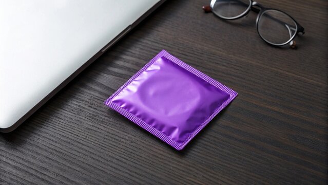 Close-up of a purple condom wrapper positioned on a textured dark wood surface, with a laptop edge and eyeglasses in the background, suggesting responsible choices
