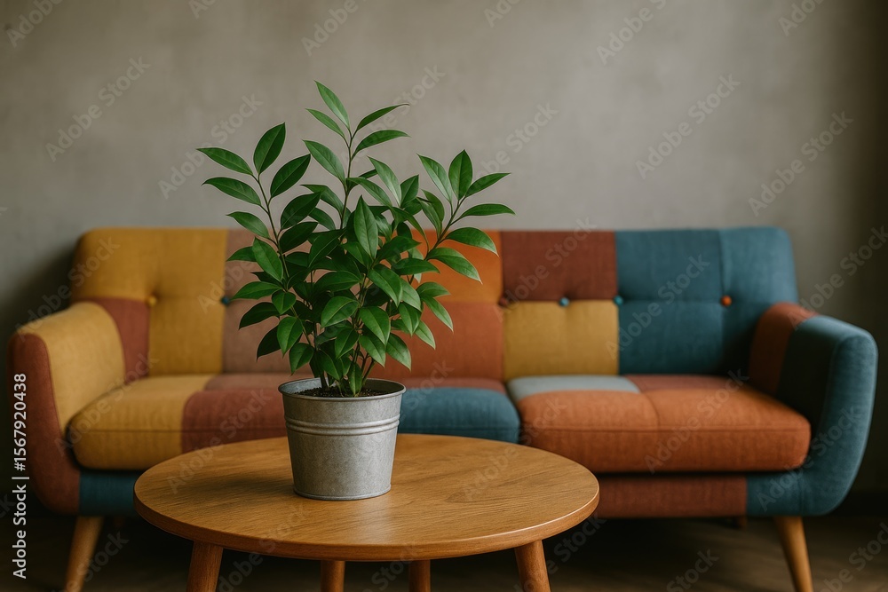 Poster lush foliage displayed in a zinc container placed on a circular wooden surface, accompanied by a col