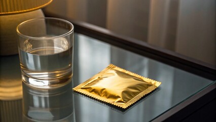 Close-up of a golden condom packet positioned beside a clear glass of water on a bedside table, illustrating the importance of safe practices and wellness in a private setting