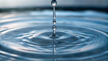 A single drop of clear, pure water creates a perfect ripple effect on a calm, blue-tinted water surface, symbolizing purity, tranquility, and the profound impact of small actions