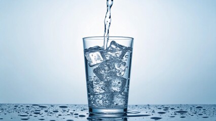 Close-up shot of an ice-filled glass being topped off with fresh, clean water, highlighting crispness and the invigorating nature of a cold beverage