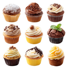 Assortment of delicious gourmet cupcakes with colorful frosting displayed on a white background