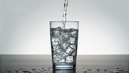 A stream of crystal-clear water pours into a tall glass brimming with ice cubes, creating subtle splashes and movement, symbolizing pure refreshment and healthy hydration