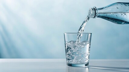 Close-up shot of water being dispensed from a transparent bottle into a glass with ice cubes, highlighting crispness and hydration in a stylish, sunlit setting with abstract shadows
