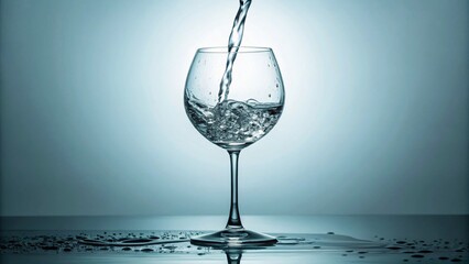 Dynamic shot of water filling a transparent wine glass, creating splashes and movement, highlighting purity and the beauty of liquid against a vibrant, deep blue backdrop