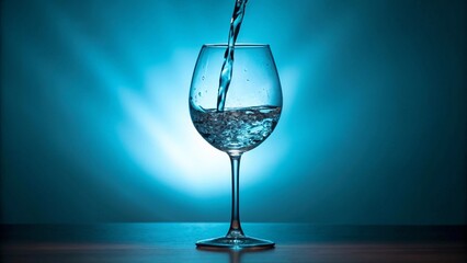 A stream of clear, pure water pours into a elegant wine glass, set against a dramatic blue background, symbolizing refreshment, clarity, and healthy hydration