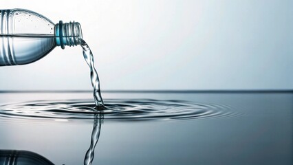 Dynamic shot of water flowing steadily from a transparent bottle onto a flat water surface, generating elegant circular waves, ideal for themes of natural resources and refreshment