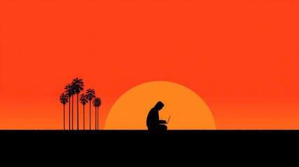 Naklejka premium Silhouette of a person working at sunset.