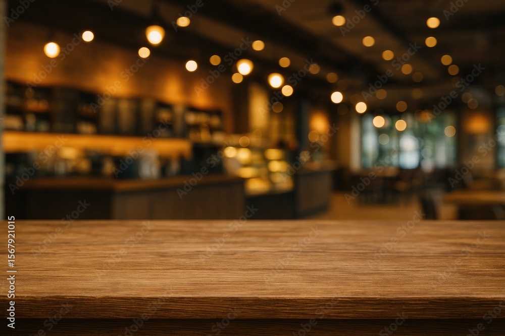 Poster wooden surface with a softly blurred cafâˆšâ© setting in the background