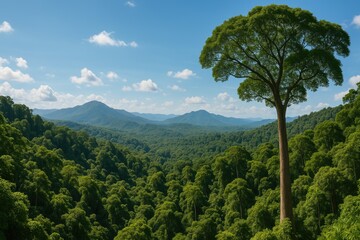 Fototapeta premium Lush tropical rainforest scene under clear blue skies with towering trees and mountain backdrop