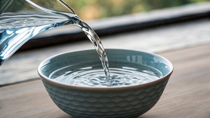 Clear, fresh water is being poured from a glass pitcher into a small, patterned ceramic bowl, showcasing purity and the simple act of hydration or preparation
