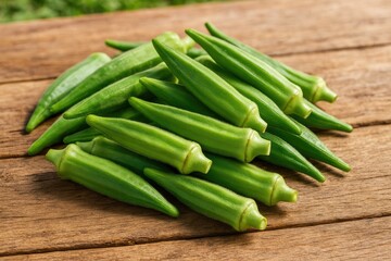 Fototapeta premium Recently Harvested Fresh Okra from an Organic Garden Displayed on a Rustic Wooden Table with Natural Lighting