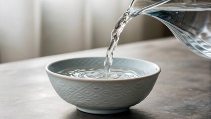 Close-up shot of transparent water flowing steadily from a glass jug into a decorative bowl, emphasizing cleanliness, serenity, and a gentle, natural process