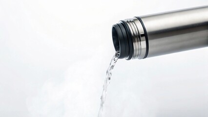 A stream of hot water or liquid pours from a sleek, silver stainless steel thermos bottle, with subtle steam rising, ideal for travel, outdoor, or beverage concepts