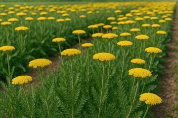 Fototapeta premium Yarrow variety Gold Plate blooming in farmland with fern-like leaves
