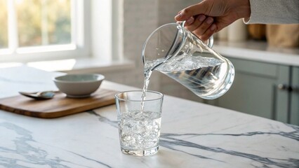 Close-up shot of a person's hand serving a cool, crisp glass of water from a transparent jug, emphasizing refreshment and healthy living in a modern home setting