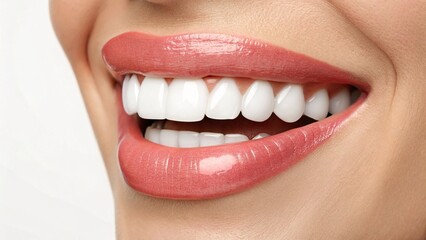 A stunning close-up of a beautiful, wide smile revealing perfectly straight, snow-white teeth. The healthy pink lips are adorned with a glossy finish, creating an image of vibrant health, happiness, a