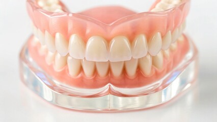 Close-up of a realistic, full dental prosthesis showcasing perfectly aligned white artificial teeth and pink acrylic gums. This image is ideal for dental clinics, advertisements for dental services