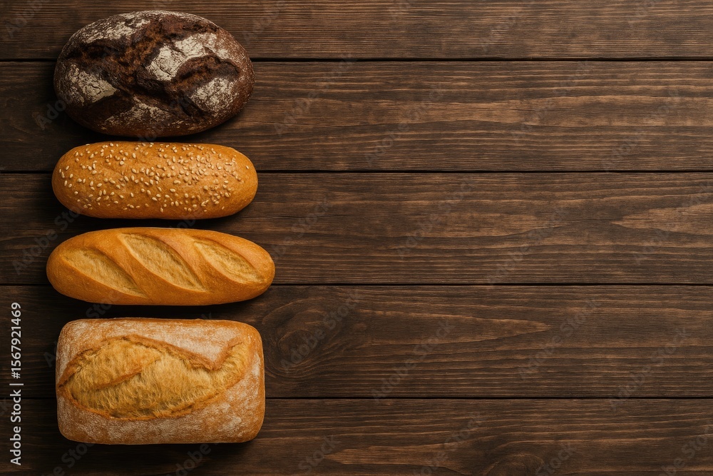 Poster rustic bread loaf displayed on a wooden surface with ample space for your message
