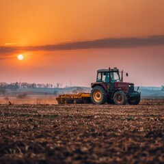 Obraz premium Tractor plowing field at sunset