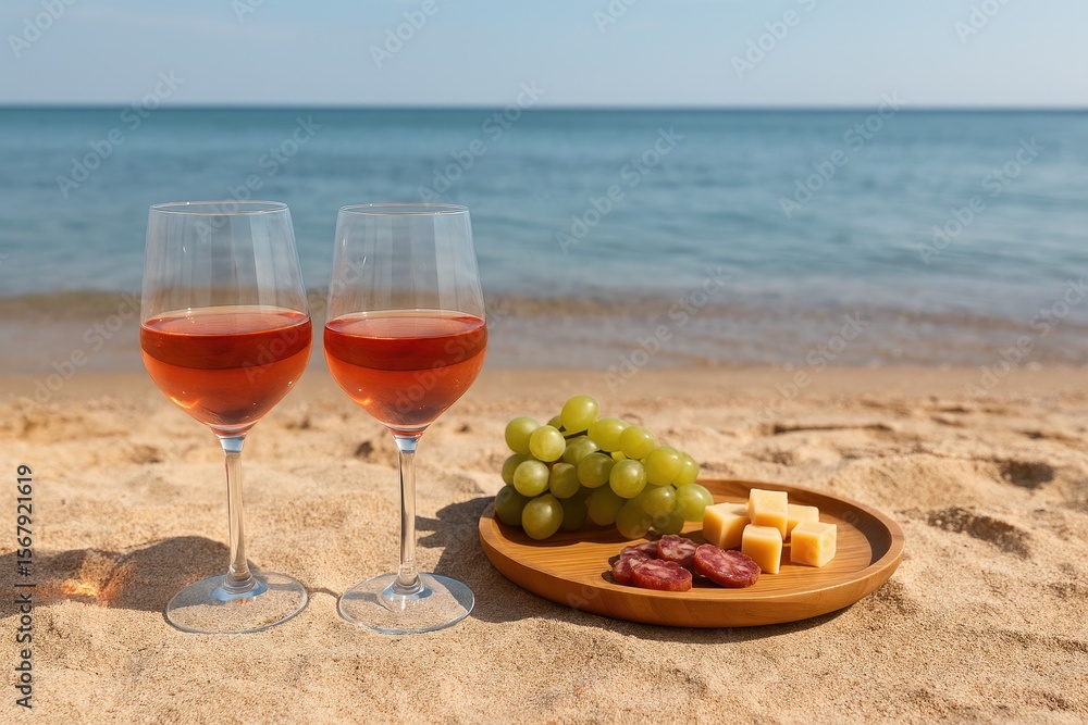 Poster close-up of wine glasses and snacks on a sandy beach with ocean view, perfect for adding text