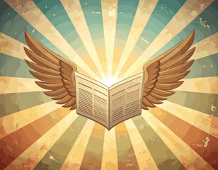 Vintage vector illustration of open book with golden wings and radiant sunburst background, symbol of knowledge and freedom