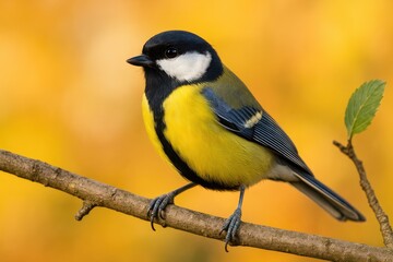 Fototapeta premium Bright yellow and orange background showcasing a great tit