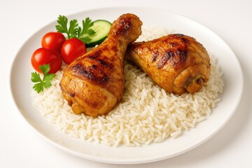 Juicy roasted chicken drumsticks served with steamed rice