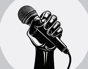 Black and white illustration of hand holding microphone symbolizing voice, music, and public expression