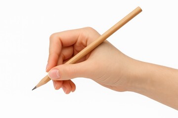 Young girl writing with a wooden pencil against a white background