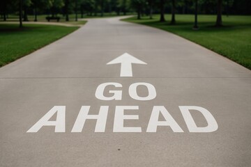 Proceed with the go-ahead sign on a paved road