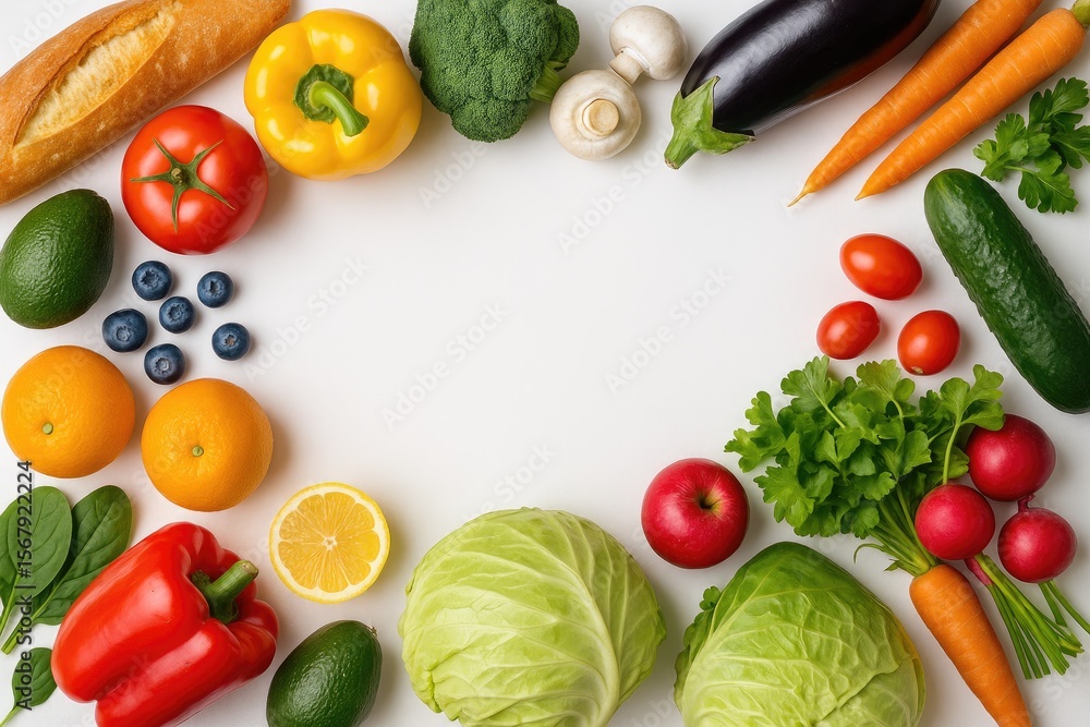 Poster a variety of fresh produce arranged in a frame with an empty space for customization