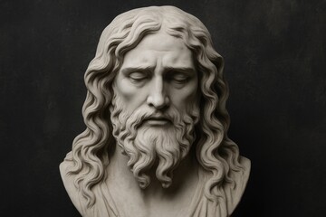 Reproduction of an ancient sculpture's head depicting a biblical figure against a dark textured backdrop