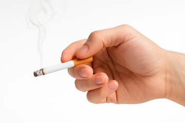 A person gripping a cigarette against a plain white backdrop