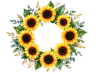 Circular Sunflower Wreath with Wild Greenery, isolated on a transparent background.