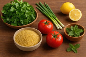 Vibrant fresh ingredients arranged on a rustic wooden surface for tabbouleh