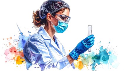 Female Scientist Lab Test Watercolor - Watercolor effects